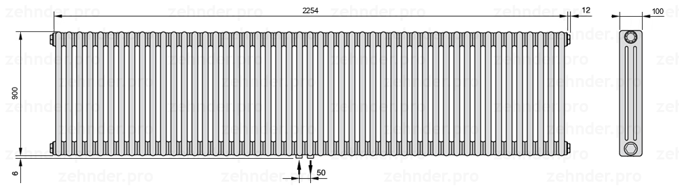 Схема (чертеж) Радиатор Zehnder Charleston 3090/49 №3470 Белый глянцевый RAL 9016